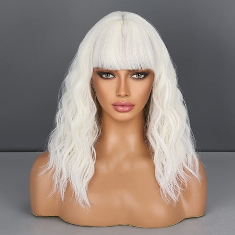 LINGHANG Short Platinum Blonde Wigs for Women, White Blonde Curly Wavy Wig with Bangs, Synthetic Medium Length Platinum Wavy Bob Wig for Daily Use