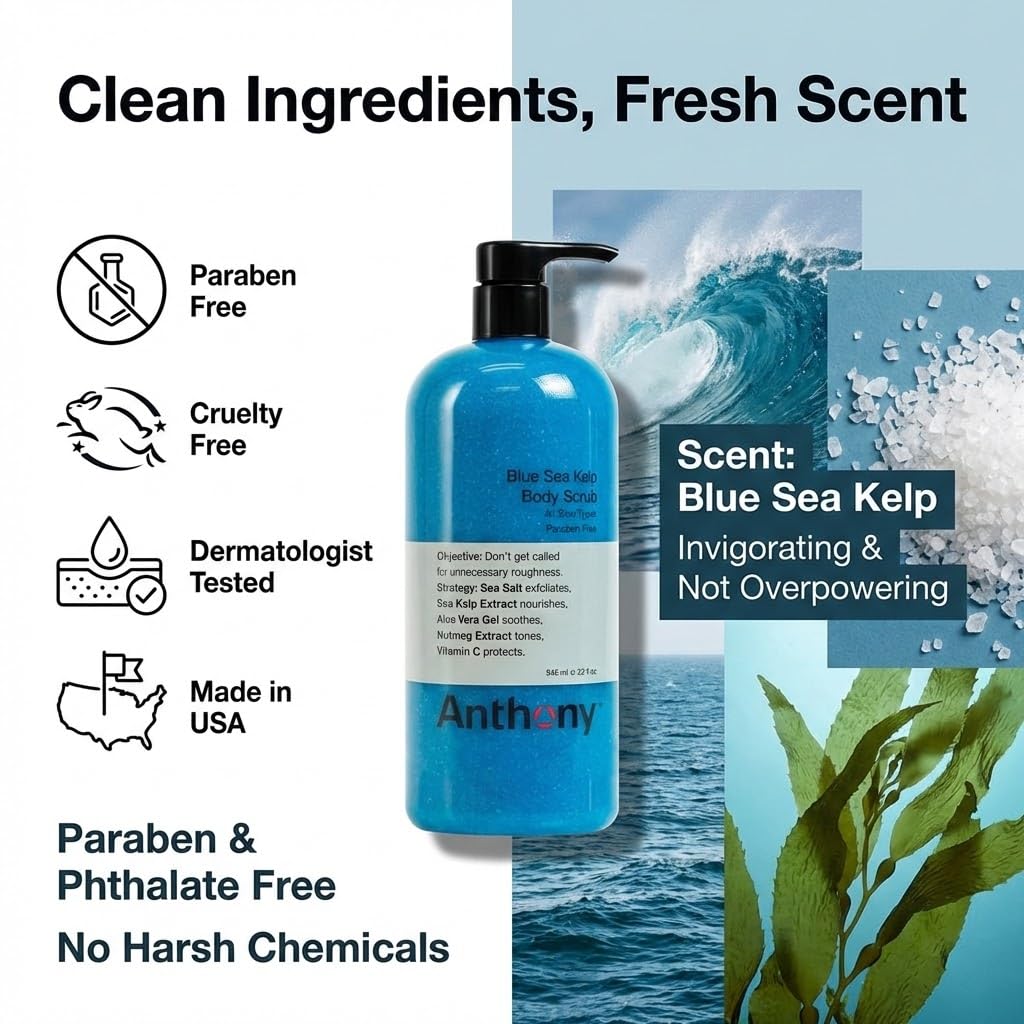 Anthony Exfoliating Body Scrub, Body Exfoliator Scrub with Sea Salt, Vitamin C, Aloe Vera and Blue Sea Kelp, Exfoliating Scrub for Men, Smooth Hydrated Skin, 32 Fl Oz