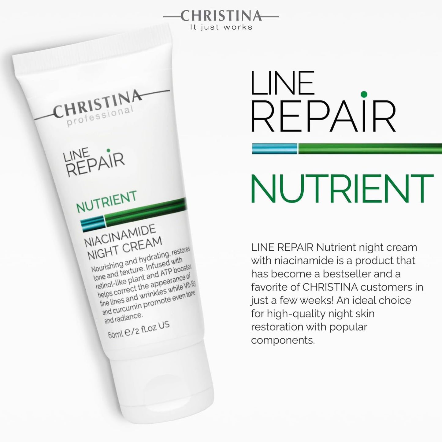 Christina Line Repair Nutrient Niacinamide Night Cream - 60ml - Vitamin B3, Plankton Algae, Glycolic and Circumin Night Moisturizer for Face - Repairing and Nourishing