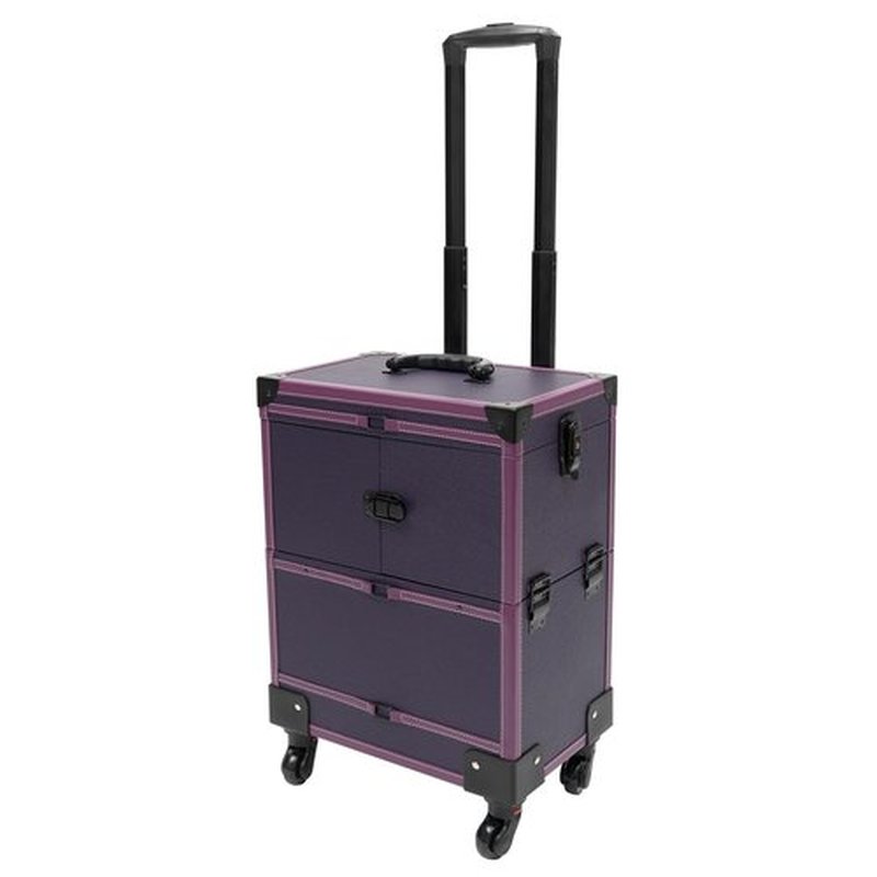 PalaUha Rolling Makeup Train Case Professional Cosmetic Organizer Trolley with Drawers Compartment Nail Case Wheeled Manicure Pedicure Storage Case for Hair Stylists Makeup Artists (Purple & Black A)