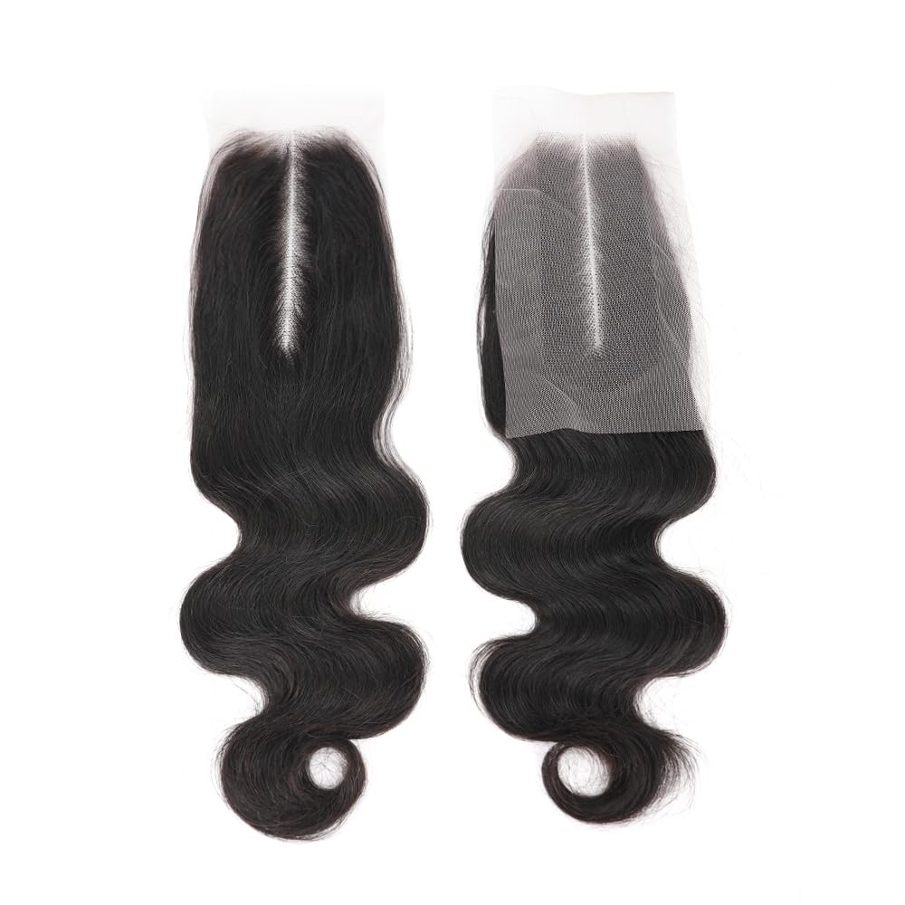 Human Hair Body Wave Lace 2x6 Kim K Closure Brazilian Remy Hair Middle Part Transparent Swiss Lace Wavy Closure with Baby Hair Natural Black Color (10 inch, 2x6 Closure)