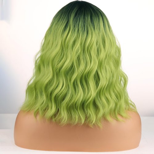 WTHCOS Green Ombre Wig Short Bob Wig Short Curly Wavy Hair Wig With Bangs Ombre Green Wig for Women Heat Resistant Synthetic Hair Wigs for Daily Use Cosplay Wig With Wig Cap