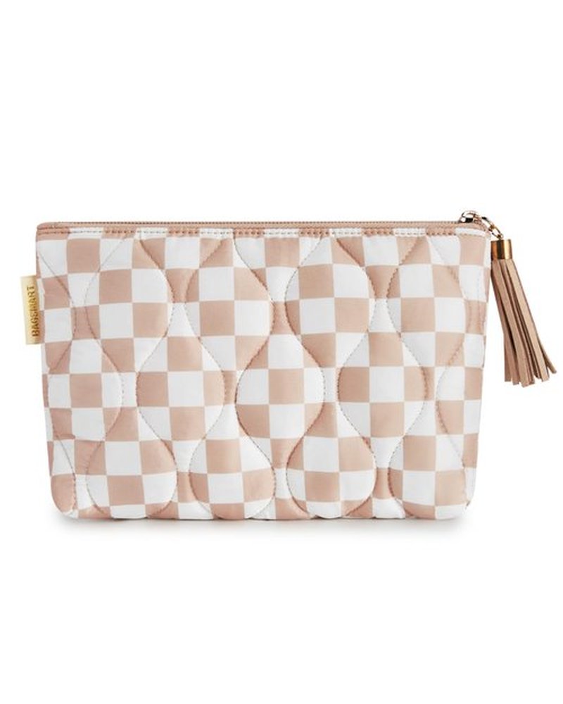 BAGSMART Small Makeup Bag for Purse, Checkered Makeup Bags, Travel Makeup Pouch Mini Cosmetic Bag Zipper Pouch for Travel Size Toiletries Accessories Brushes, Great Gifts for Women (Khaki)