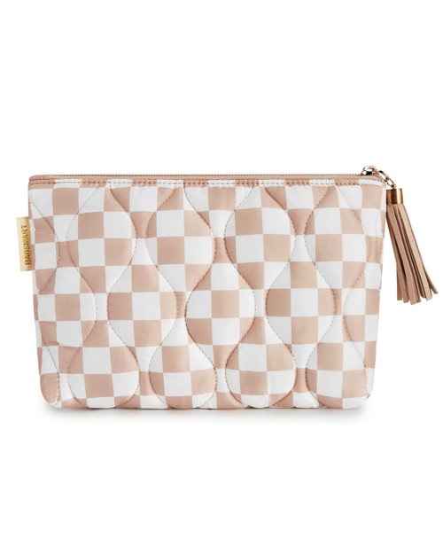 BAGSMART Small Makeup Bag for Purse, Checkered Makeup Bags, Travel Makeup Pouch Mini Cosmetic Bag Zipper Pouch for Travel Size Toiletries Accessories Brushes, Great Gifts for Women (Khaki)