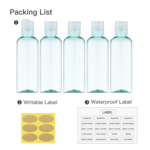 owlyee 3.4 oz Travel Bottles for Toiletries, Empty Travel Size Containers Tsa Approved, 5PCS Small Plastic Shampoo Bottles with Labels (100ml)