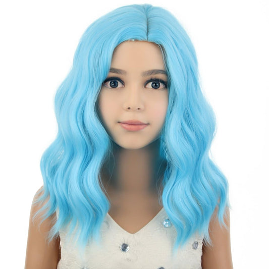 PATTNIUM Kids Blue Wig Short Wavy Wig Light Blue Wig for Kids Cosplay Halloween Party Costume Heat Resistant Synthetic Wig for Girls (Light Blue)