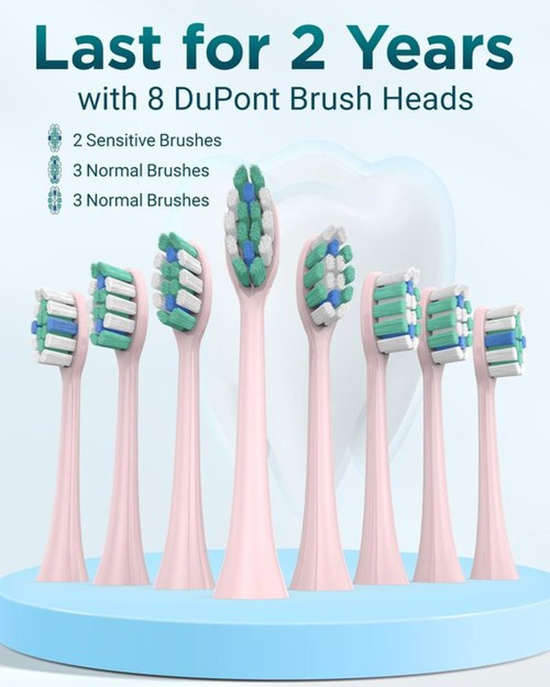 Rtauys S5 Upgraded Sonic Electric Toothbrush for Adults with 8 Brush Heads, IPX7 Travel Electric Toothbrush with Travel Case, 2.5 Hours Charge for 120 Days, 5 Modes with Built-in Smart Timer Pink