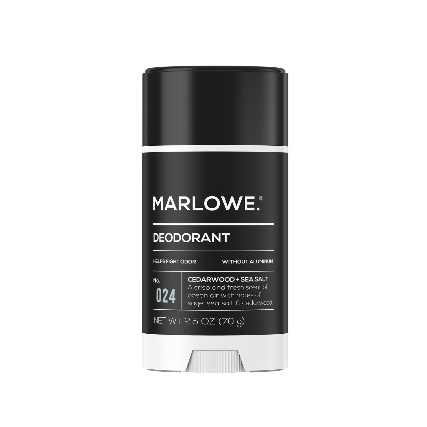 MARLOWE. Aluminum Free Men's Deodorant Stick, Cedarwood + Sea Salt, 2.5 oz