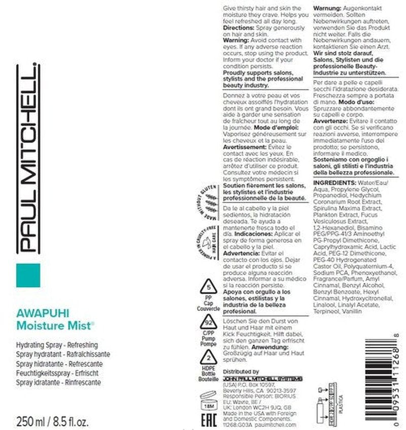 Paul Mitchell Awapuhi Moisture Mist, Hydrating Spray For Hair + Skin, 8.5 fl. oz.