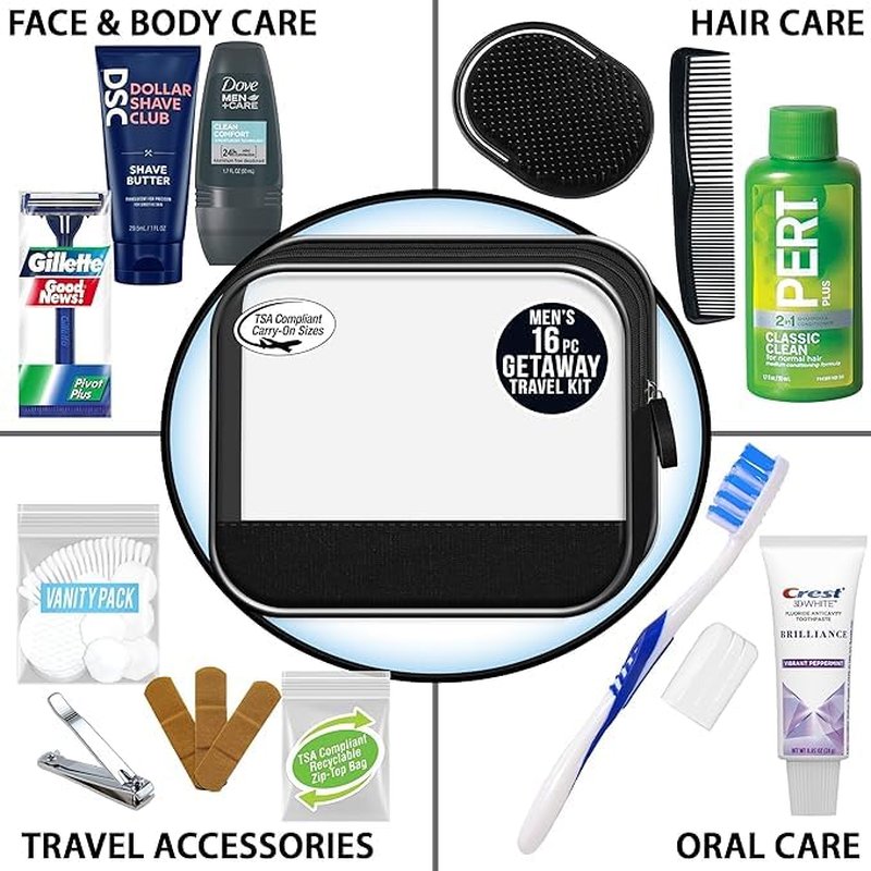 Men's Super Deluxe 16-Piece Travel Kit - TSA Compliant Essentials in Reusable Zippered Bag | Pack of 2