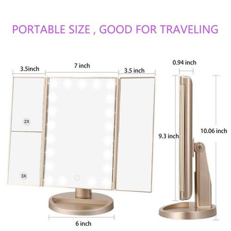 deweisn Floor Mount Tri-Fold Lighted Vanity Mirror with 21 LED Lights, Touch Screen and 3X/2X/1X Magnification, Two Power Supply Modes Make Up Mirror,Travel Mirror