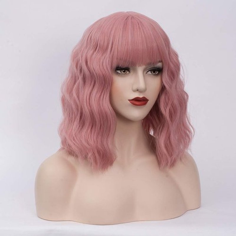 BUFASHION 14" Women Short Wavy Curly Wig Light Pink Bob Wig Cosplay Halloween Synthetic Wigs Wigs With Neat Bang Wig With Free Wig Cap (Light Pink 1)