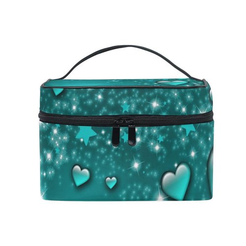Valentine's Day Cosmetic Bag Valentines Day Turquoise Hearts Travel Makeup Organizer Bag Portable Train Case for Women Girls