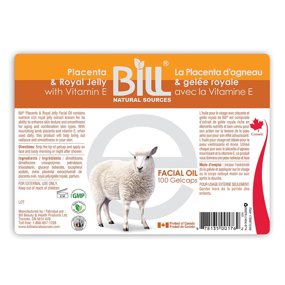 Placenta Facial Moisturizer with Vitamin E & Royal Jelly, 100 Gelcaps, Bill Natural Sources by Bill Natural Sources