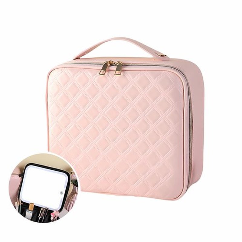 JXAUDEKK Large Capacity Travel Makeup Train Case with LED Mirror,Rechargeable LED Light for Makeup Cosmetic Case with Brushes Storage Organizer,Travel Box Cosmetic Bag for Women (Pu Leather Pink)