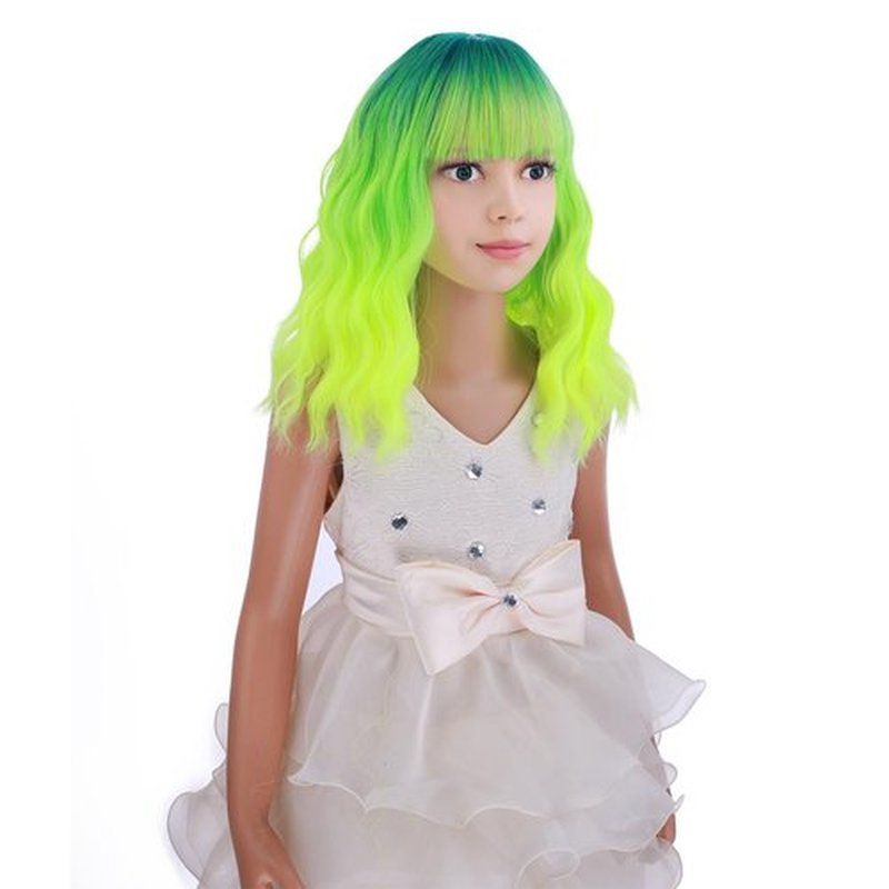 PATTNIUM Kids Child Neon Green Wig Short Curly Wavy Wig with Bangs Ombre Green Wig for Girls Lime Green Wig Synthetic Wigs for Cosplay Costume Party with Wig Cap