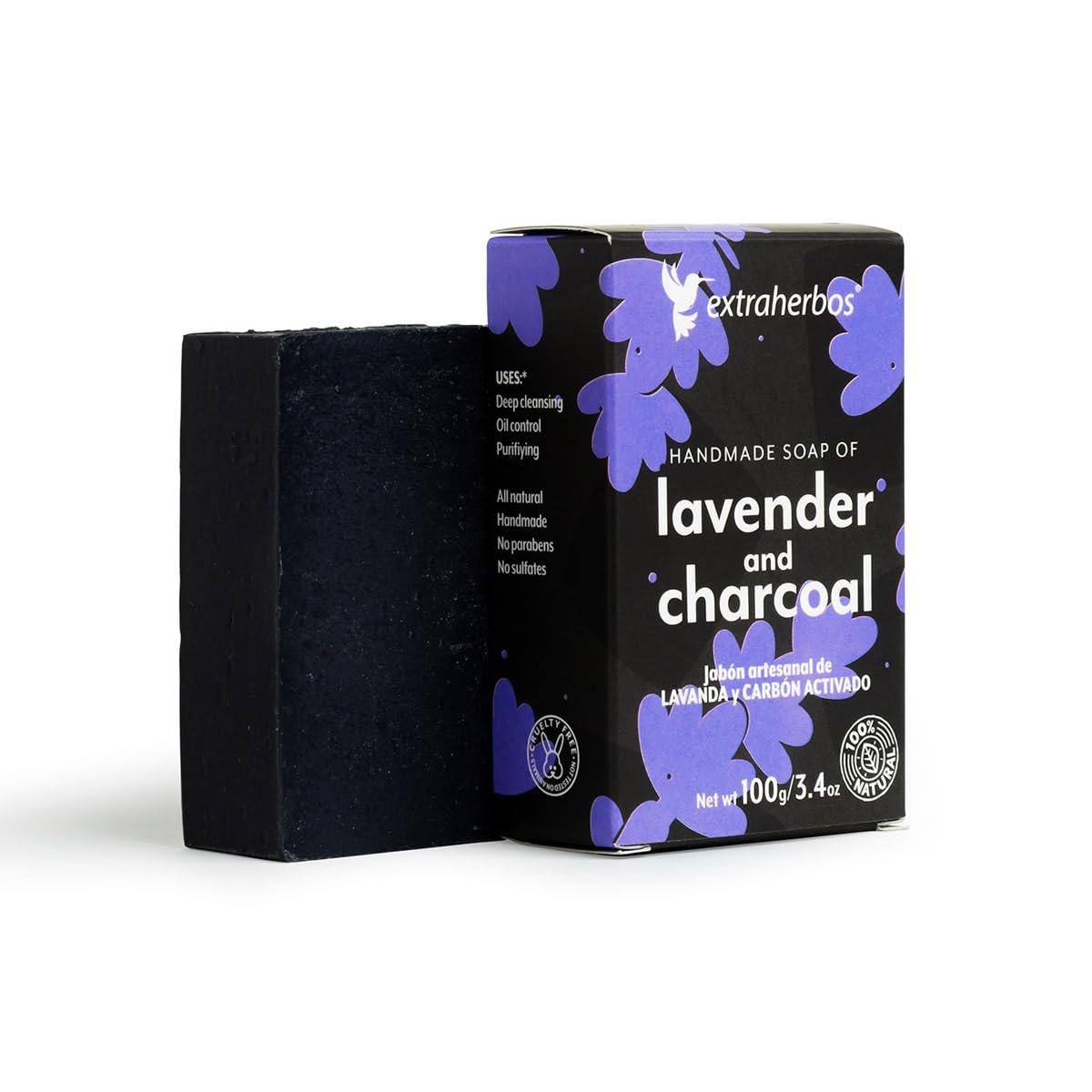 Extraherbos Activated Charcoal & Lavender Soap Bar - Handmade in Mexico - Deep Facial Cleanser for Oily Skin, Acne & Blackheads - Vegan, Cruelty Free 100g/3.4oz
