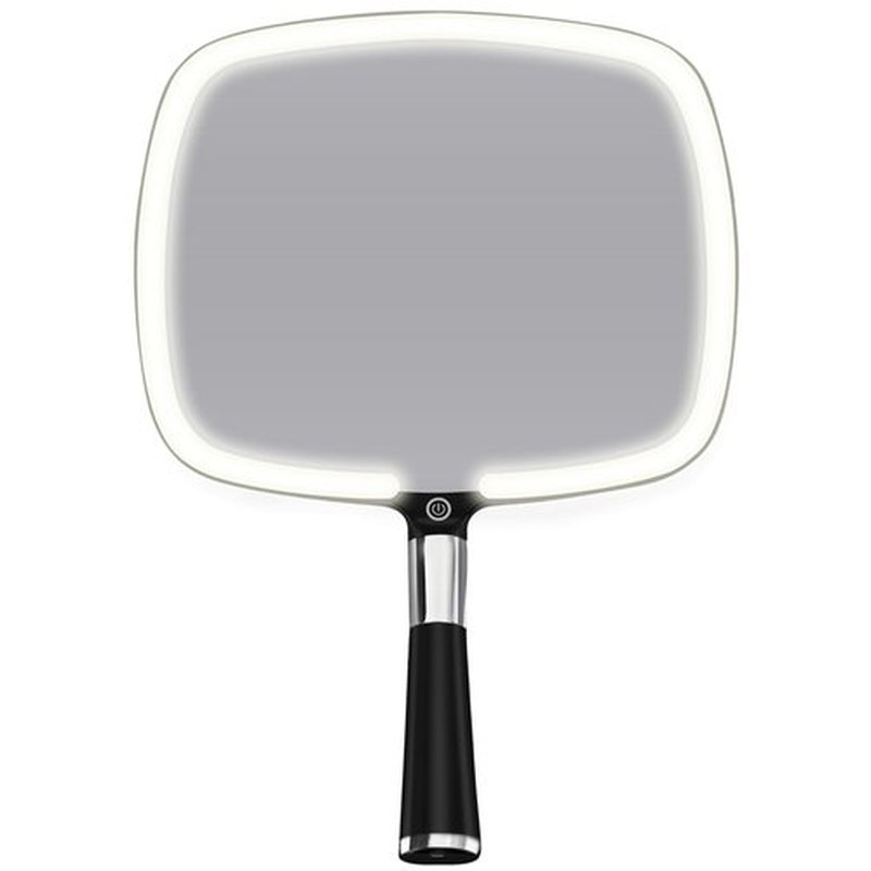 MIRRORVANA Lighted Travel Makeup Mirror - 2 in 1 Handheld & Tabletop LED Mirror with 3 Light Modes, Detachable Stand, and Comfy Handle - 9" x 13" (Black)