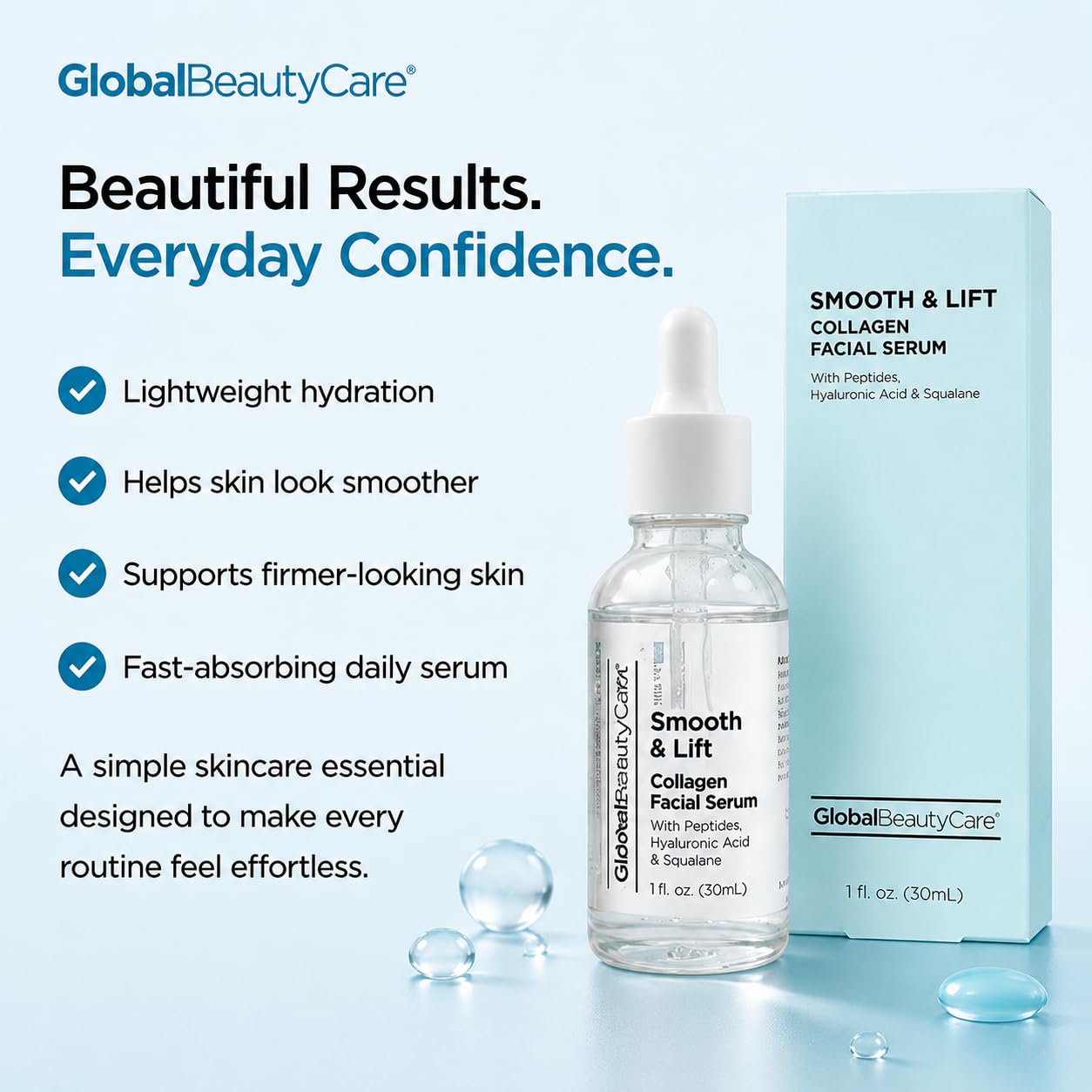 Global Beauty Care Smooth & Lift Collagen Facial Serum Hydrating Face Serum to Support Firm-Looking Skin with Peptides, Hyaluronic Acid & Squalane, Fast-Absorbing Hydrating Formula, 1 fl oz (2-Pack)