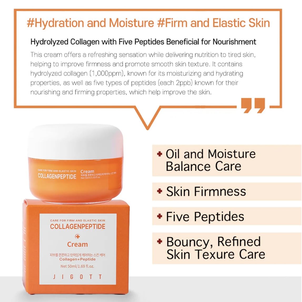 Collagen Peptide Face Cream Moisturizer, Korean Skincare Night Cream for Dry Skin, Firming Neck & Face Moisturizing, Anti Aging Hydrating Cream with Peptides + Niacinamide, Smooth Texture & Glow, 50ml