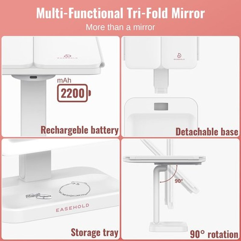 EASEHOLD Makeup Mirror Vanity Mirror with Lights, 2X 3X Magnification, 2200 mAh Rechargable, Lighted Makeup Mirror, Touch Control, Trifold Makeup Mirror, Gifts for Girls & Women