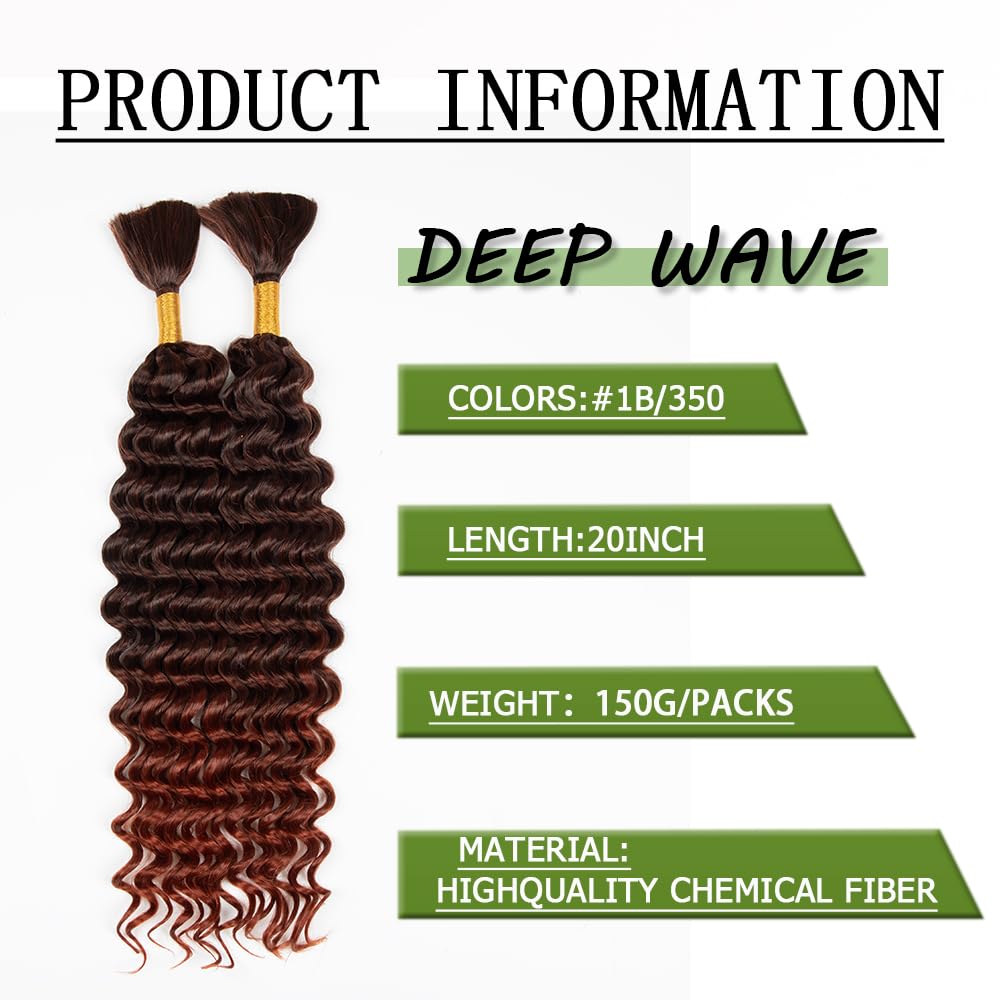 Deep Wave Bulk hair for Braiding Wet and Wavy Micro Braiding Hair No Weft Faux Deep Wave Braiding Hair Extensions for Box Boho Braids 150g with 2Bundles #1B/350 (20Inch)
