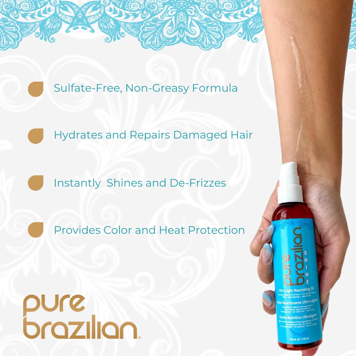 Pure Brazilian Shine Ultra Light Nourishing Oil with Brazilian Nut Oil for Smooth, Glossy & Frizz-Free Hair, Deep Hydration & Brilliant Shine, 4 Fl Oz