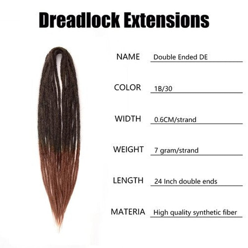 Double Ended Dreadlock Extensions 0.6CM Diameter Synthetic Hair 24Inch 30Strands Reggae Braids Hip-hop Style(Double Ended 30trands,1B/30)