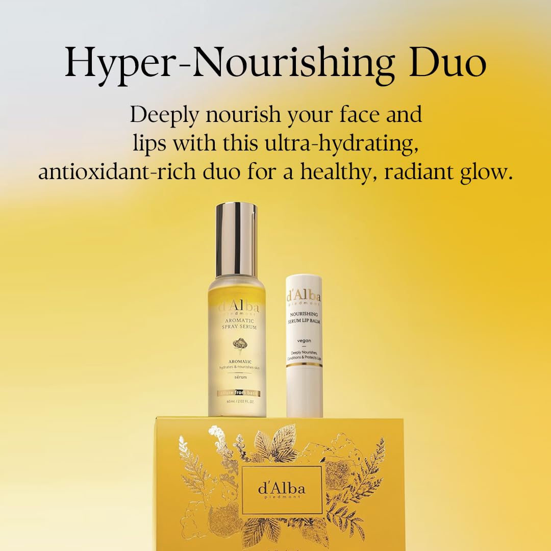 d'alba Piedmont White Truffle Vegan Gift Set, First Aromatic Spray Serum and Nourishing Lip Balm 35g – Deep Hydration & Antioxidant Care, Vegan Facial Mist & Lip Treatment Duo, Hypoallergenic