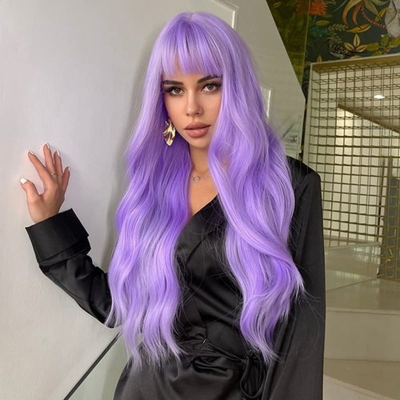 BERON Purple Wig Long Wavy Wig Light Purple Wig with Bangs Lavender Purple Wigs for Women Daily and Party Wig Cap Include