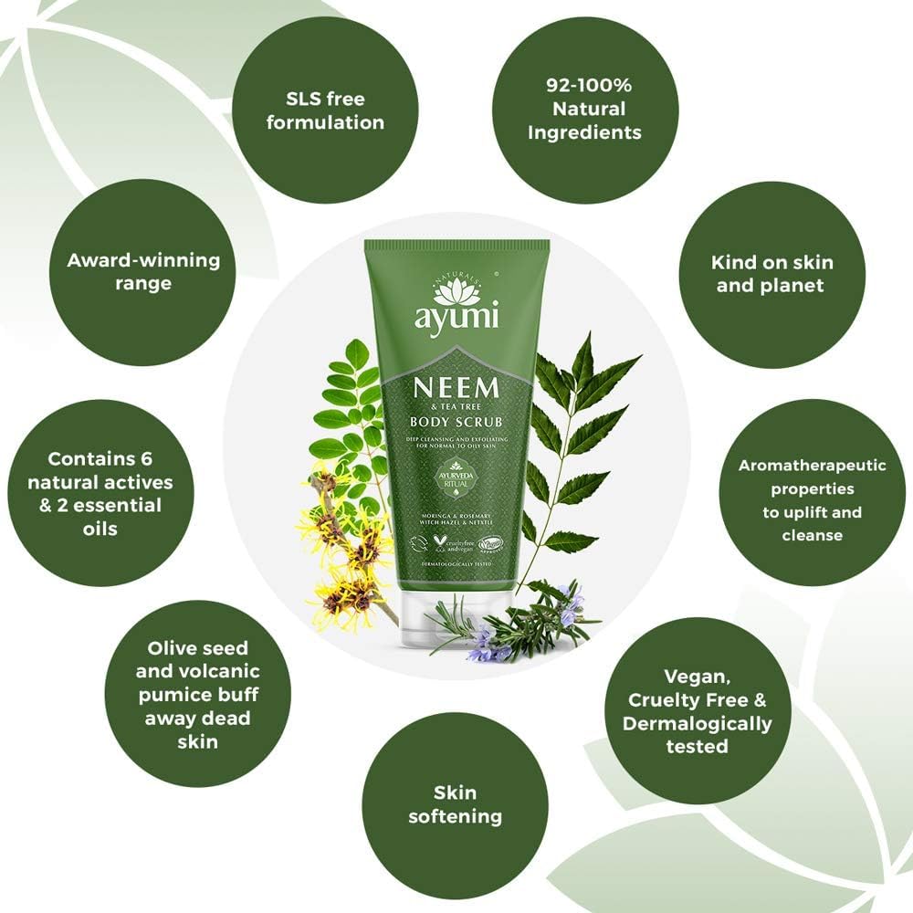 Exfoliating Body Scrub for Acne Treatment | Natural Body Wash Scrub for Oily Skin | Tea Tree Oil Body Scrub for Itching| Body Exfoliant for Clear Skin | Exfoliating Body Scrubber by Ayumi | 6.70 FL oz