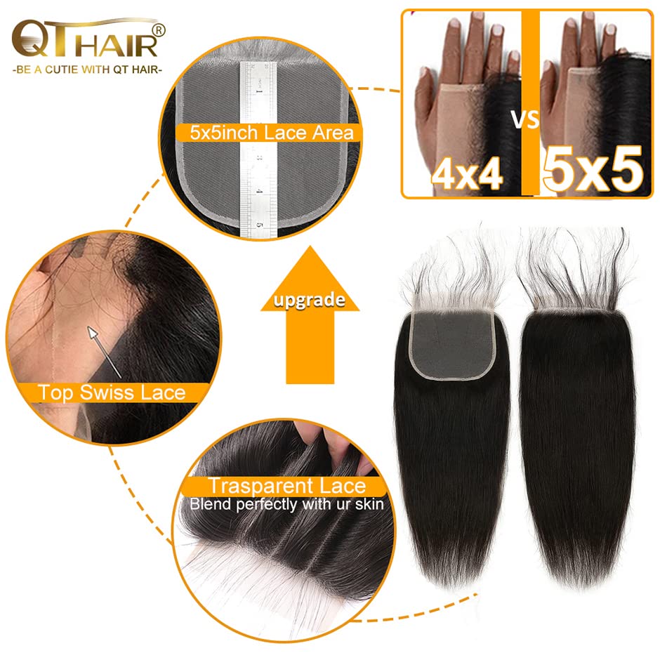 QTHAIR 14A Grade 5x5 Transparent Color Lace Closure 130%-150% Density (16", 5x5 Straight Closure)