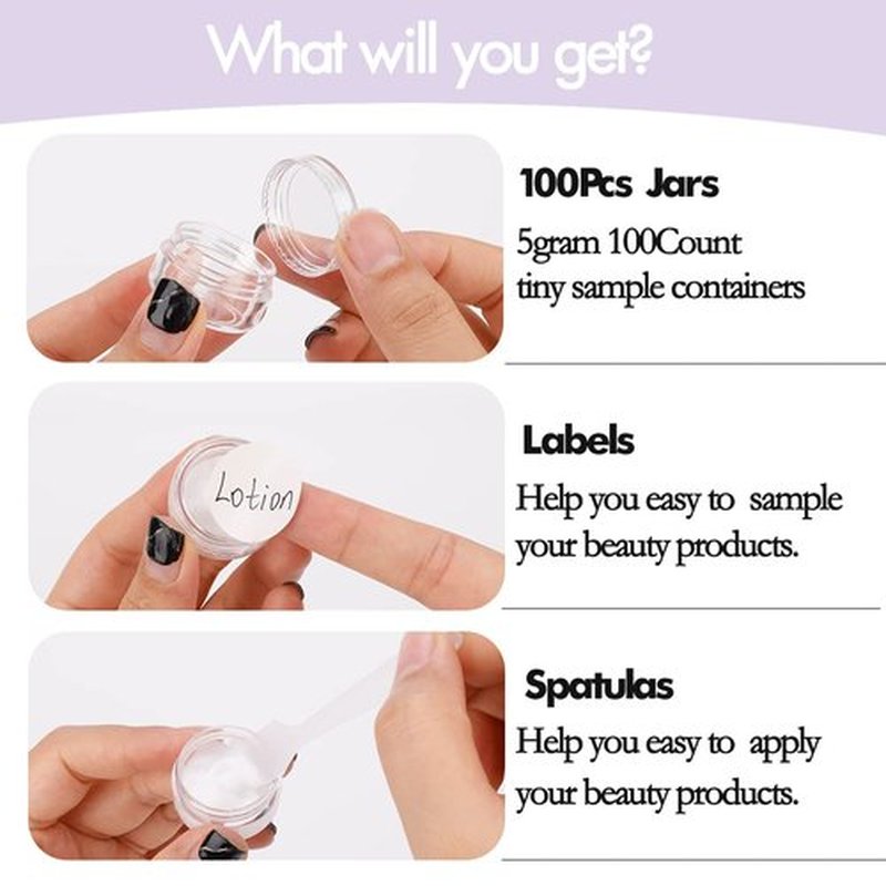 5 Gram Sample Containers with Lids, 100 Count 5ML Clear Sample Jars, Empty Lip Balm Containers with Lids, Small Makeup Travel Containers for Glitter, Lotion, Cream, Beads, with Labels, Mini Spatulas