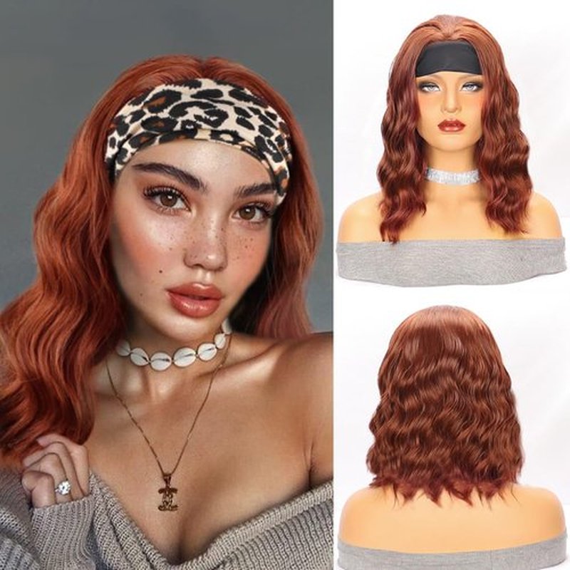 Gusif Auburn Brown Headband Wig Short Bob Wavy Wigs for Black Women Natural Hairline Bob Wig Glueless Shoulder Length Synthetic Wig (Auburn Brown)