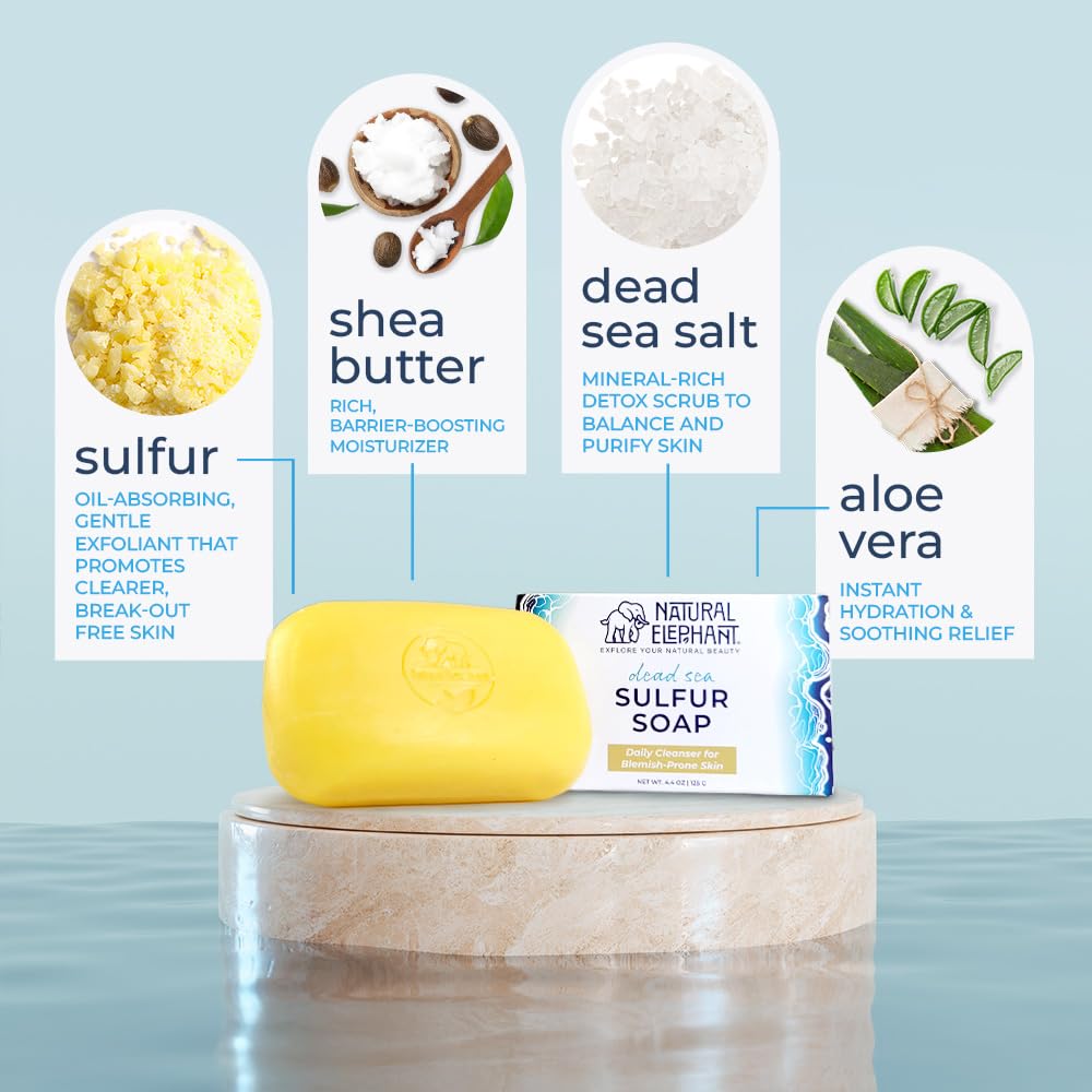 Natural Elephant Dead Sea Sulfur Soap 4.4 oz with Dead Sea Salt, Aloe Vera, Sulphur Face and Body Cleanser Bar for All Skin Types (10 Pack (44 oz Total))