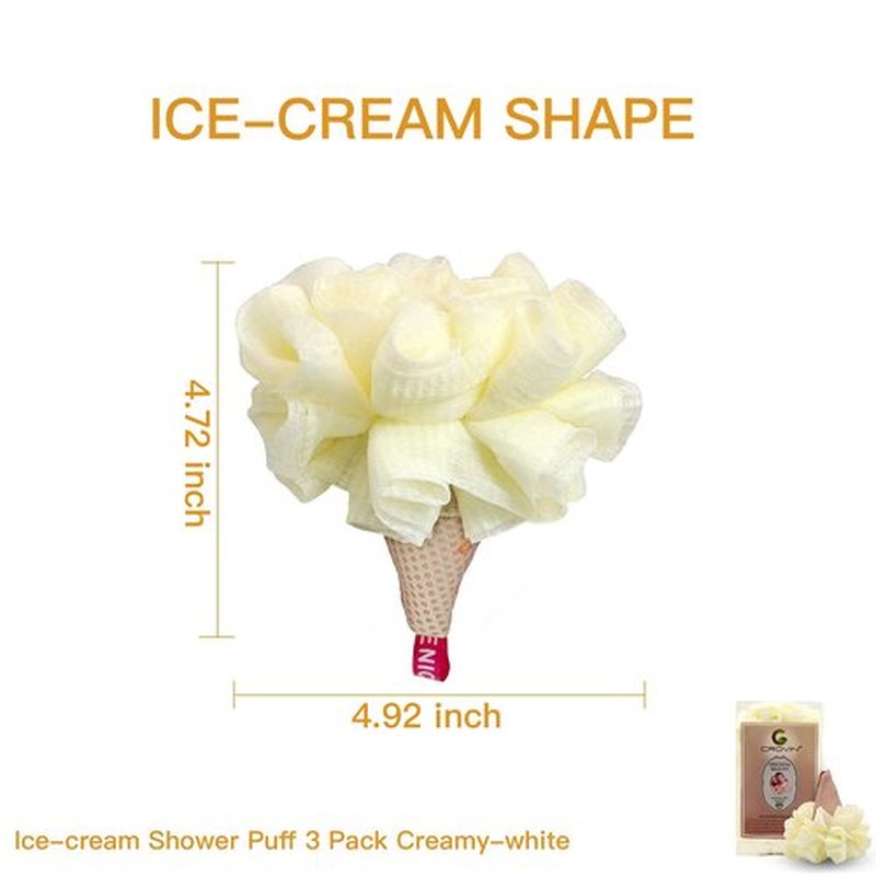 CROVIN Ice Cream Bath Sponge Pouf (Set of 3)-Creamy White Soft Mesh Puff Exfoliating Shower Sponge Ball Body Scrubber for Adults, Children