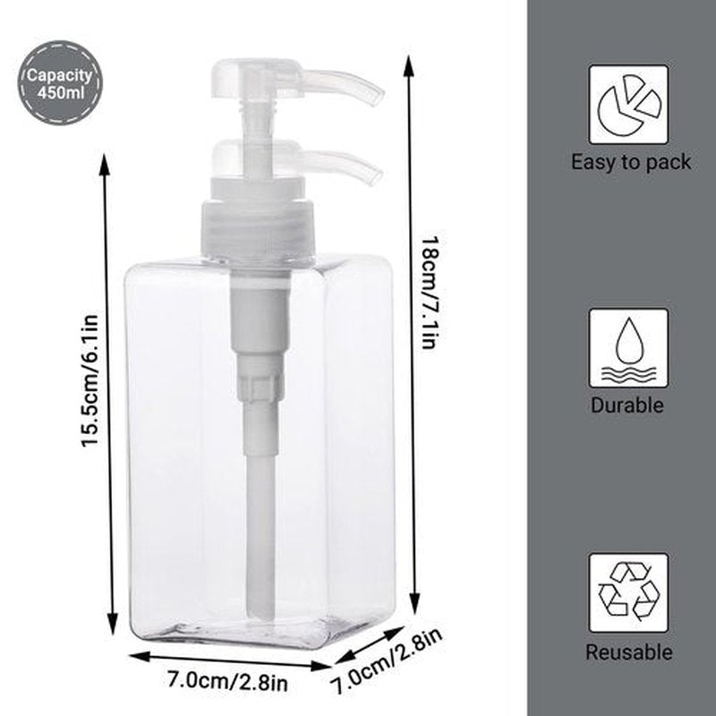 SUREAM Clear Empty Pump Bottles 6 Pack, 15oz/450ml Plastic Refillable Square Containers for Essential Oil Soap Lotion Shampoo Conditioner, Large Hand Pump Dispensers for Bathroom and Kitchen Sink Use