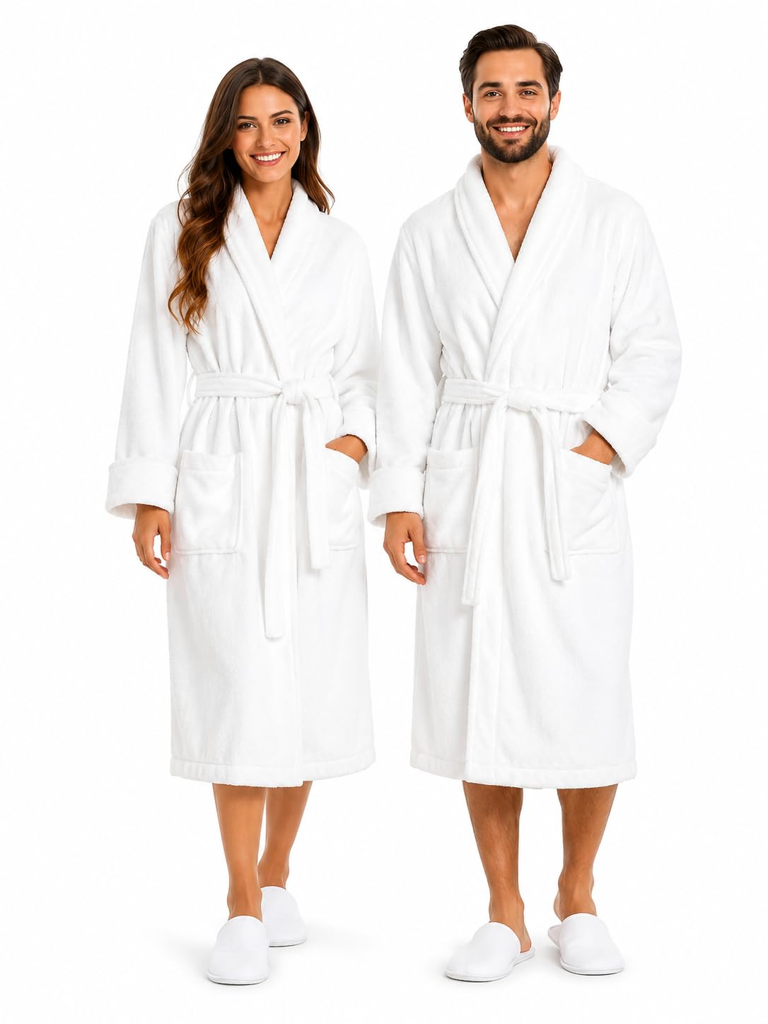 BIOLINEN 2 Pack Robes for Women Men 100% Cotton Terry Cloth Bathrobe with Slippers, Plush Spa Robe, Shawl Collar Bath Robe, Unisex One Size, White