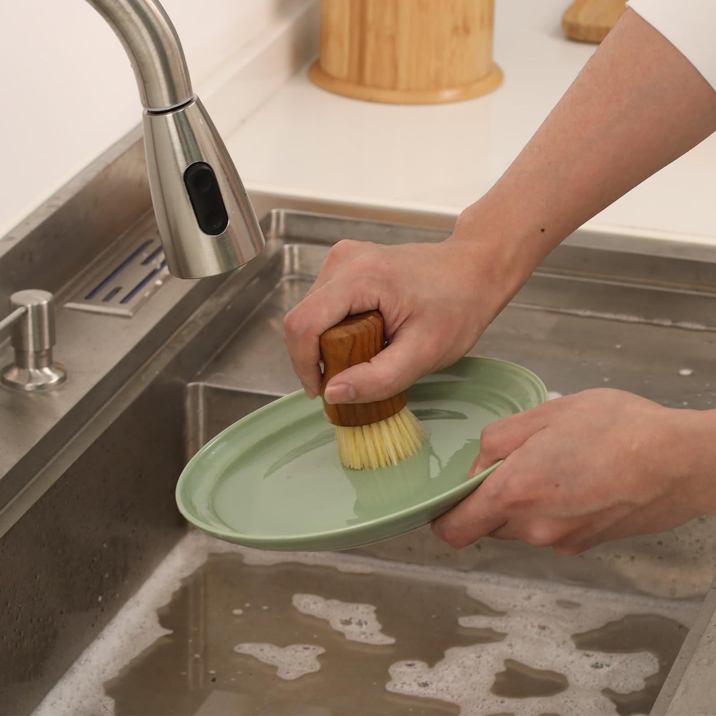 Teak Dish Scrub Brush 2PCS by HTB, Good Grip Small Wooden Dish Brush with Teak Handle & Sisal Bristles for Kitchen, Wood Cleaning Scrubbers Set for Washing Pan/Pot/Vegetable/Fruit