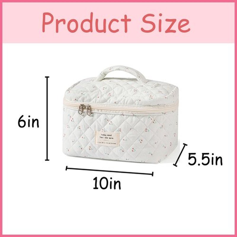 uekeboag Large Travel Quilted Makeup Bag for Women, Floral Cotton Cosmetic Bag, Coquette Aesthetic Floral Toiletry Organizer Bag (White-Cherry)