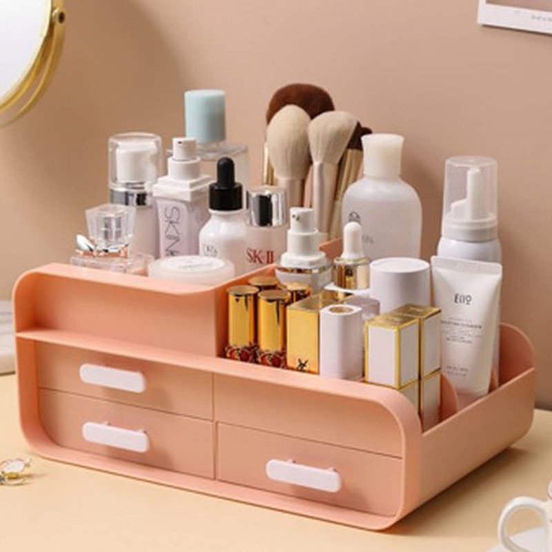 POFUOT skin care organizer,Makeup Desk Organizer With Drawers,Countertop Organizer for Cosmetics,Vanity brush with Holder for Lipstick, Brushes, Eyeshadow, and Desktop (Light pink)
