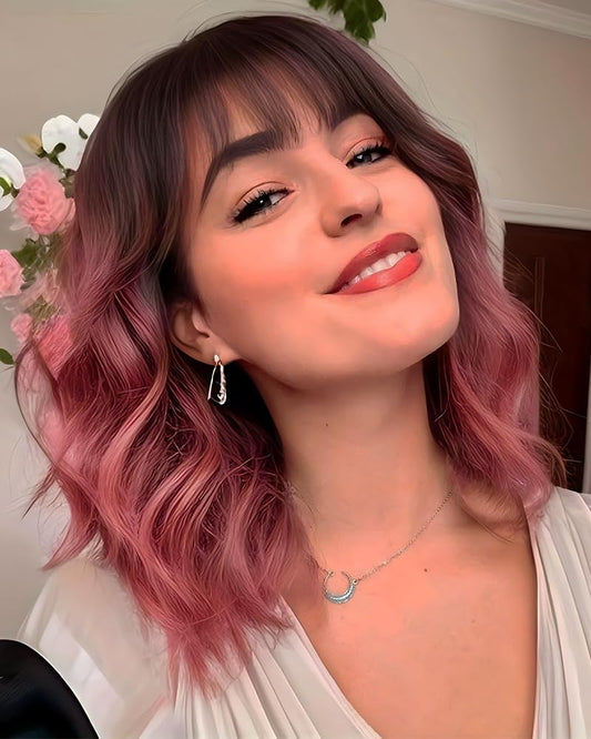 Short Pink Wigs with Bangs 14Inch Wavy Curly Bob Pastel Wig for Women Ombre Pink Shoulder Length Natural Looking Hair Replacement Wig for Daily Party Use Cosplay Costume Halloween Wig