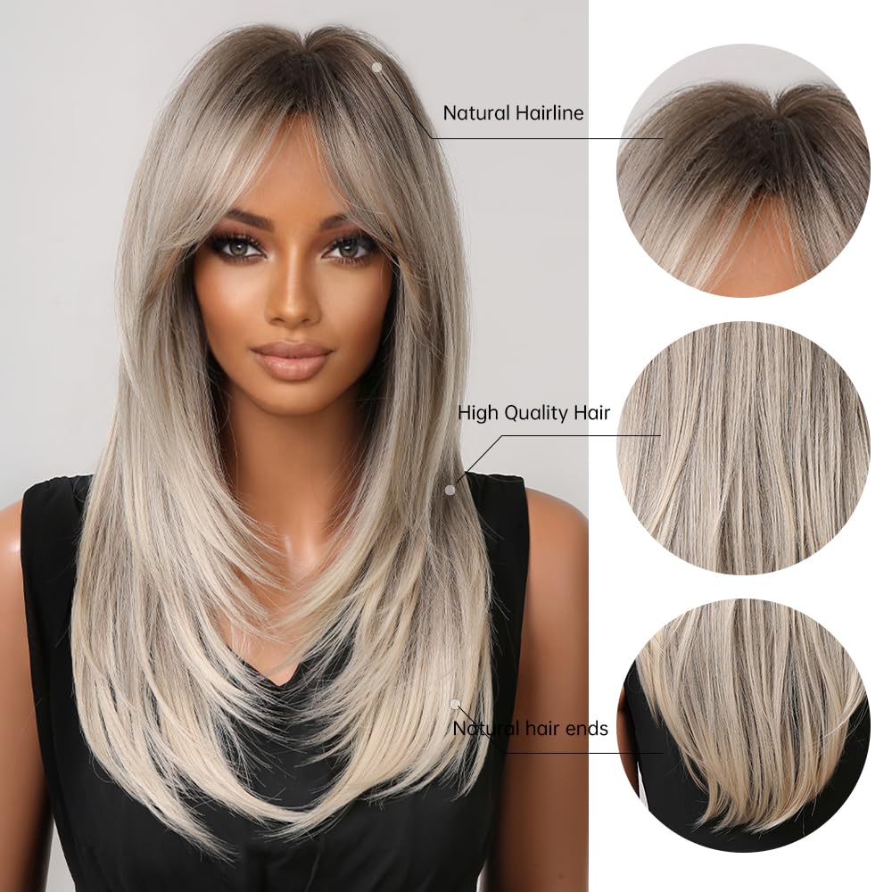 testar Ombre Gray Wigs With Curtain Bangs Long Straight Wigs for Black Women With Dark Roots Synthetic Layered Hair Wigs for Daily Use Natural Looking 24IN