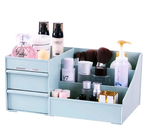 Simbuy Makeup Desk Organizer With Drawers —Countertop Bathroom Skincare Organizer for Cosmetics, Vanity Holder for Lipstick, Brushes, Lotions, Eyeshadow, Nail Polish and Jewelry-Blue