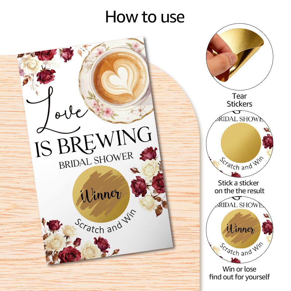 TOUNER 50Pcs Love Is Brewing Bridal Shower Scratch Off Game, Coffee Bridal Shower Game Scratch Card, Funny Wedding Raffle Ticket Lottery Games for Floral Coffee Lover, Engagement Party Reveal Supplies