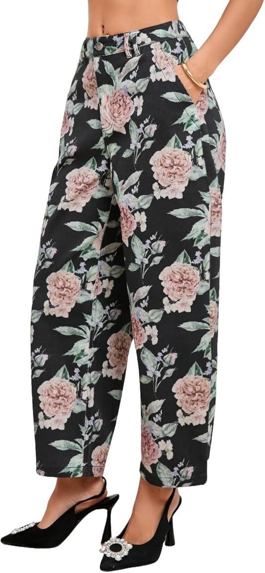 Floral Embroidered Barrel Jeans for Women - Wide Leg Mid Rise Boyfriend Denim Pants with Pockets | Ankle Length
