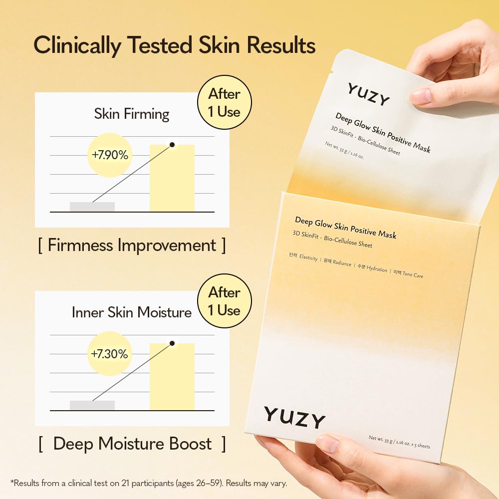 YUZY Deep Glow Skin Positive Mask, Bio-Cellulose Sheet Mask for Glass Skin, Hydrating Face Mask & Microbiome Care with Peptides & Hyaluronic Acid, Korean Skincare | 33g x 5 Sheets