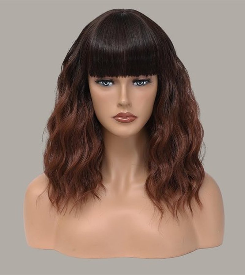Short Auburn Wigs with Bangs 14Inch Ombre Auburn Curly Bob Wig for Women Shoulder Length Natural Looking Hair Replacement Wig for Daily Party Use Cosplay Costume Halloween Wig