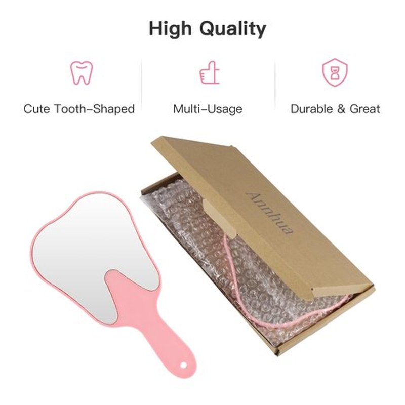 Annhua Tooth Shaped Mirror Hand Mirrors with Handle Pink, Face Mirrors Small Makeup Mirror Cute for Dental Clinic, Salon, Barber or Hairdressing - Plastic & Glass