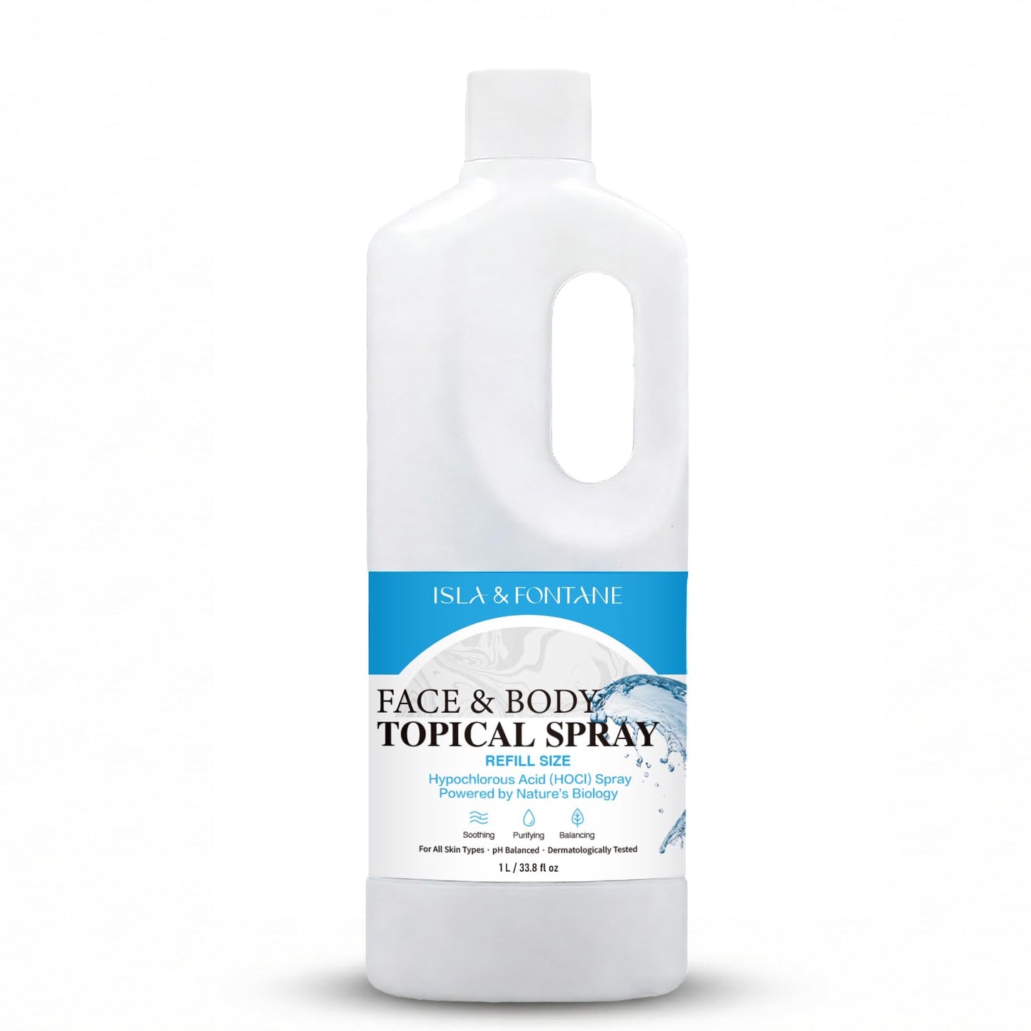 ISLA & FONTANE Hypochlorous Acid Face & Body Spray Refill (HOCl) - Daily Facial Mist & Gentle Skin Cleanser for Sensitive Skin, Acne, Redness & Piercing Aftercare - pH Balanced, 1 L, 33.8 fl oz
